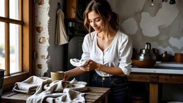 Una mujer española suavemente limpia su brazo