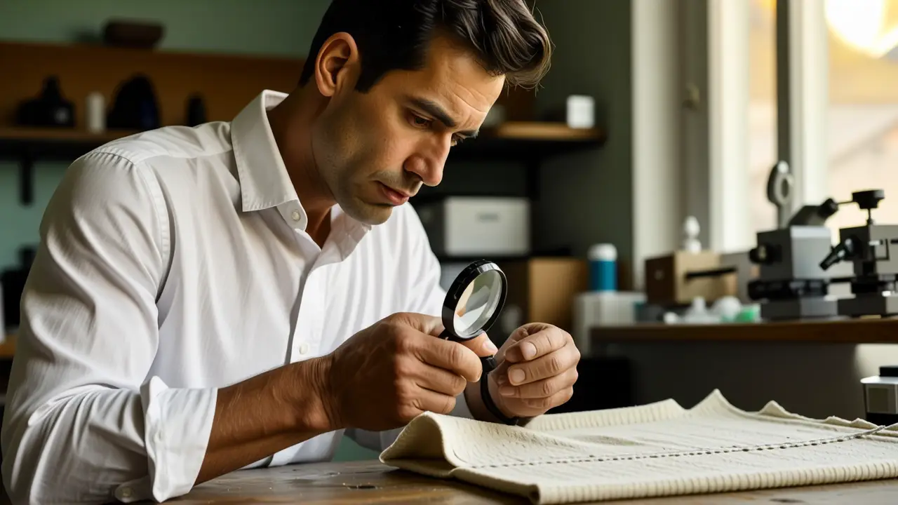 Un hombre examina tela con atención en laboratorio