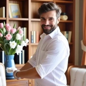 Un hombre sonríe limpiando un rincón cálido