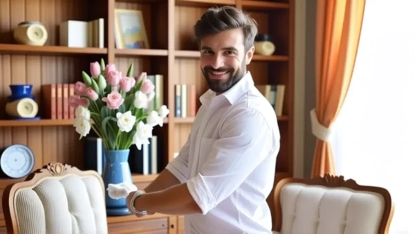 Un hombre sonríe limpiando un rincón cálido