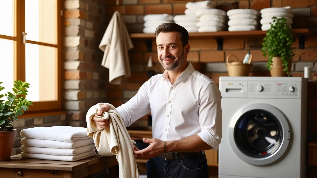 Un hombre amable en una lavandería cálida