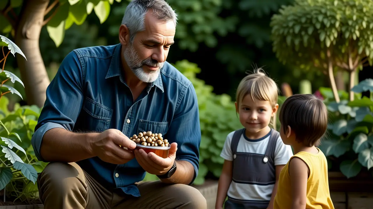 Un hombre captura caracoles en un jardín nostálgico