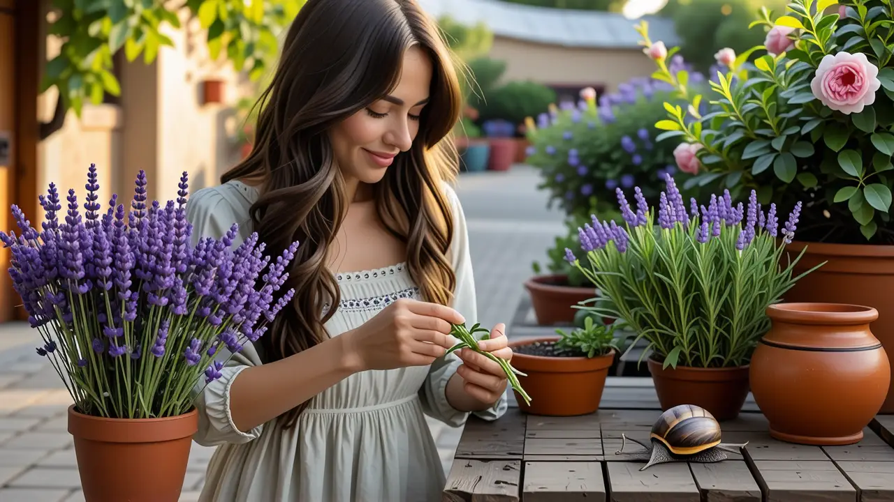 Una mujer española examina lavanda en jardín