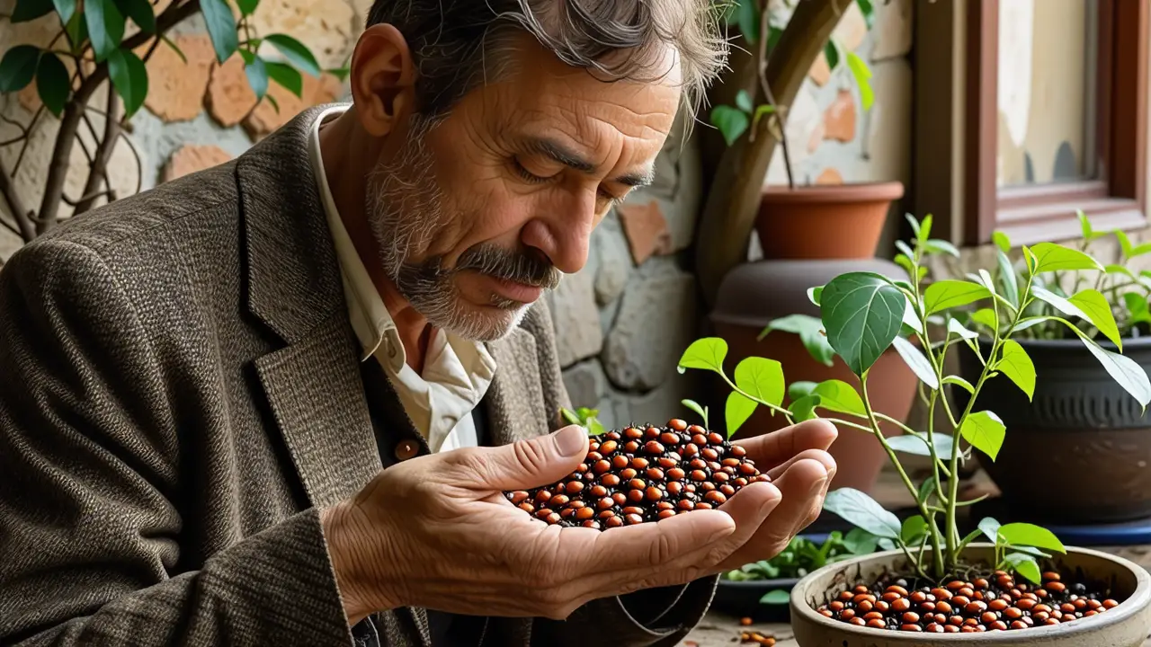Un hombre español contempla ladybugs en la luz dorada