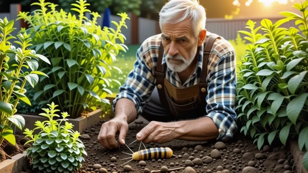 Un agricultor serio cuida una hierba en la luz