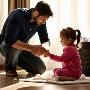 Como limpiar sangre manchas en ropa y colchon 11 Un hombre preocupado limpia una mancha con su hija