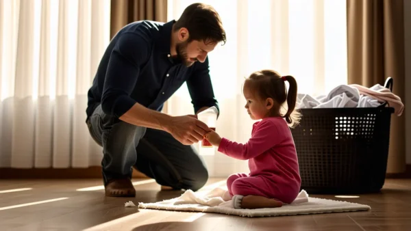 Un hombre preocupado limpia una mancha con su hija