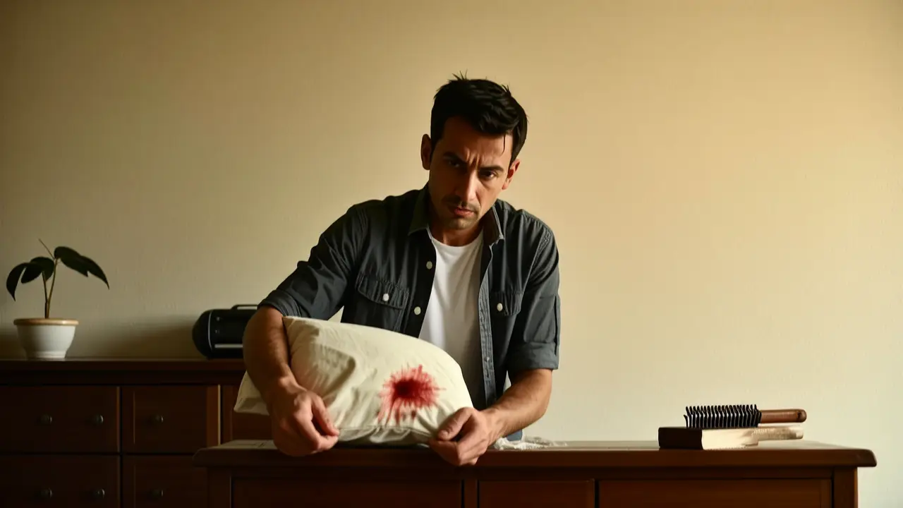 Como limpiar sangre manchas en ropa y colchon 4 Un hombre examina una mancha en un pijama