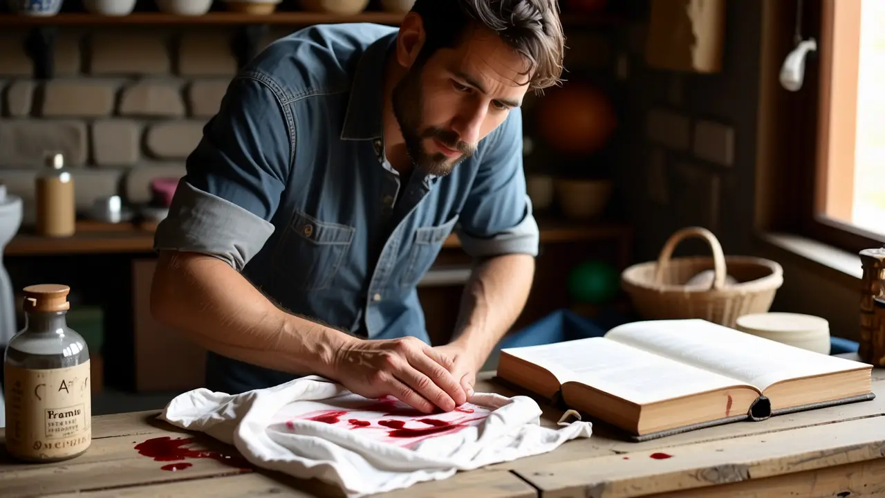 Como limpiar sangre manchas en ropa y colchon 5 Un hombre examina una mancha en un lavadero rústico