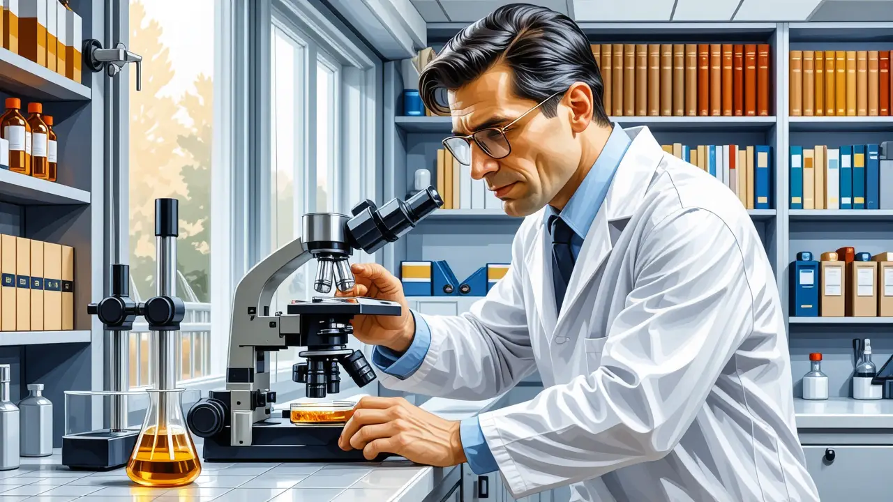 Un científico serio examina cultivos en laboratorio