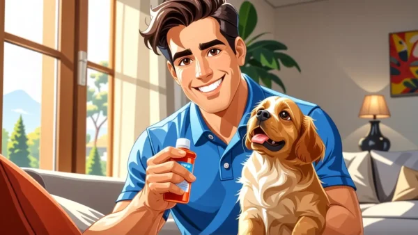 Sanytol mascota sonríe con su perro en casa