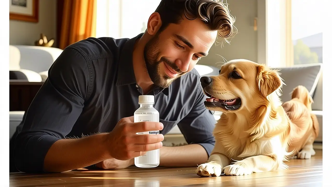 Sanytol Mascotas: Antiseptico Seguro para Perros 4 Un hombre amable sostiene Sanytol en un hogar cálido