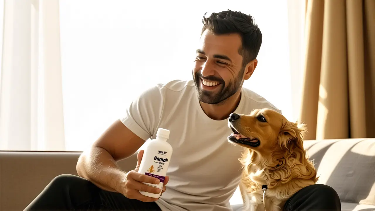 Sanytol Mascotas: Antiseptico Seguro para Perros 3 Hombre sonriente con perro en luz cálida