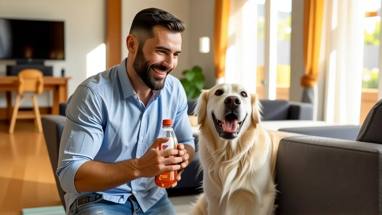 Sanytol Mascotas: Antiseptico Seguro para Perros 5 Un hombre sonriente sostiene Sanytol con su perro en un hogar cálido y luminoso