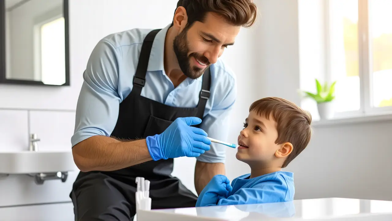 Un hombre limpia dientes con cuidado