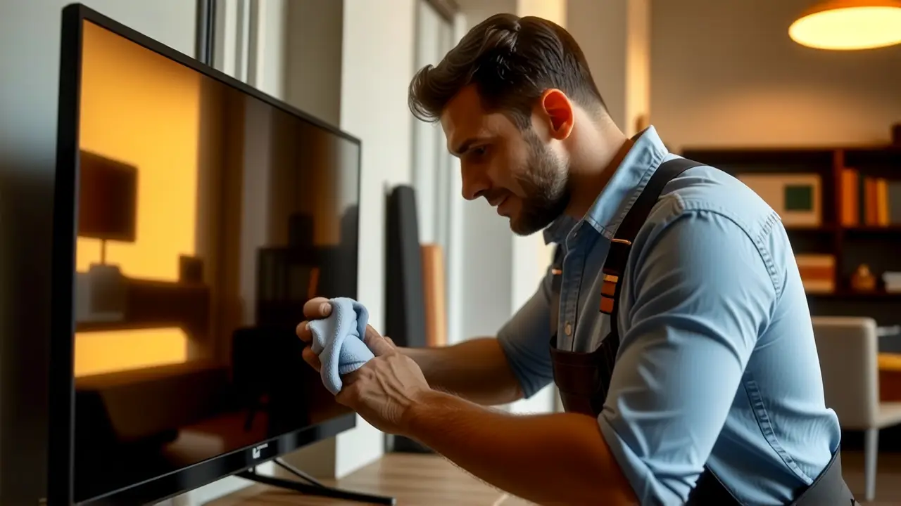 Cómo se puede limpiar la pantalla del televisor con alcohol 4 Hombre limpiando TV con luz cálida