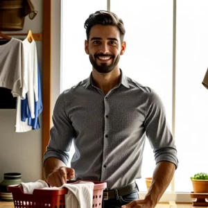 Un hombre casual en casa luce cálido