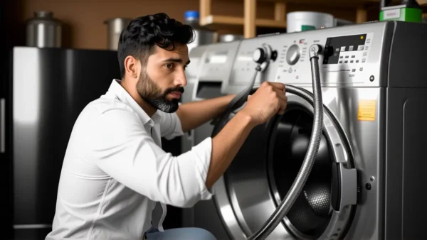 Hombre pensativo en lavandería