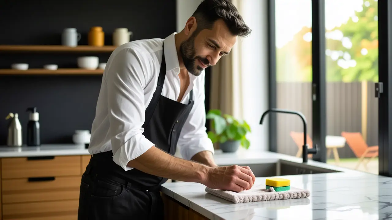 Limpiar Silestone: Guía Completa y Fácil 2 Un hombre español limpia con cuidado la cocina