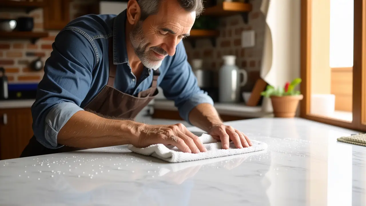 Limpiar Silestone: Guía Completa y Fácil 5 Un hombre español limpia con cuidado una encimera