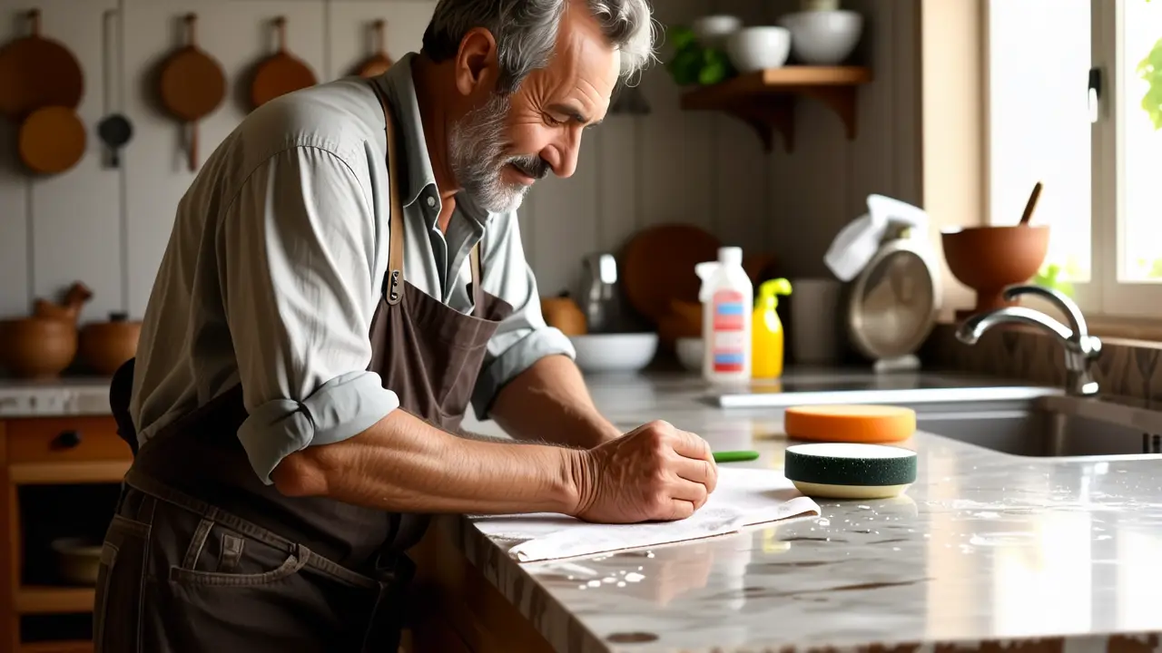 Limpiar Silestone: Guía Completa y Fácil 3 Un hombre español limpia con paciencia la cocina