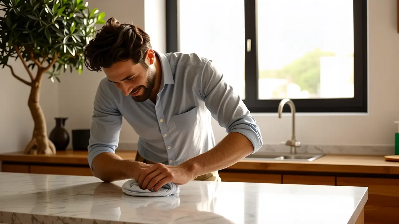 Limpiar Silestone: Guía Completa y Fácil 4 Un hombre español limpia suavemente una encimera de mármol
