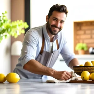 Un hombre limpiando cocina con luz cálida