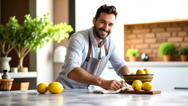 Limpiar Silestone: Guía Completa y Fácil 1 Un hombre limpiando cocina con luz cálida