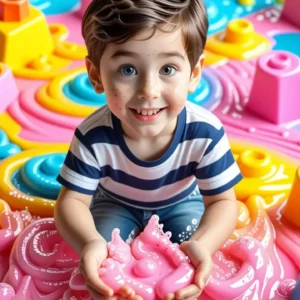 Slime como hacer: Recetas seguras y fáciles 9 Un niño sonriente sostiene slime en ilustración vibrante