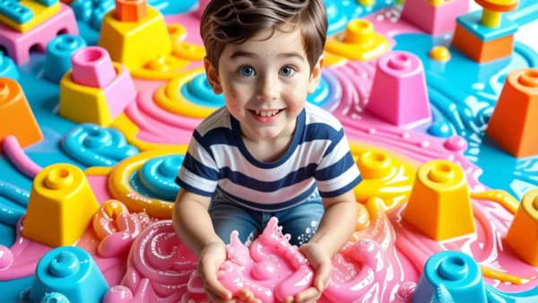 Un niño sonriente sostiene slime en ilustración vibrante