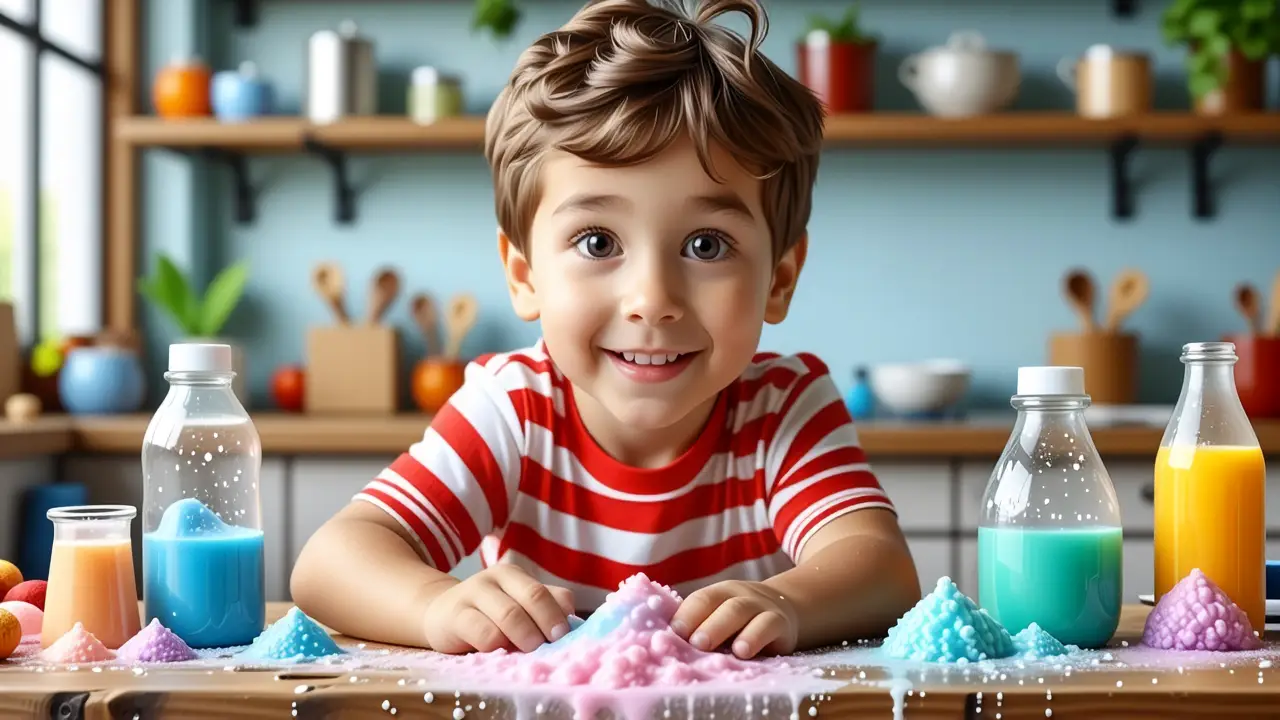 Slime como hacer: Recetas seguras y fáciles 3 Un niño español sonríe con entusiasmo entre la plastilina