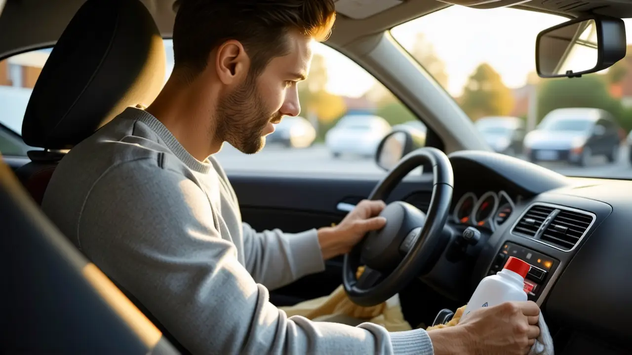 Elimina Olores Sofa Coche: Solución Sanytol 4 Un hombre pensativo limpia el coche con Sanytol