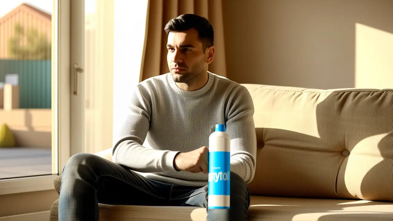 Elimina Olores Sofa Coche: Solución Sanytol 2 Hombre pensativo usa desinfectante en hogar cálido
