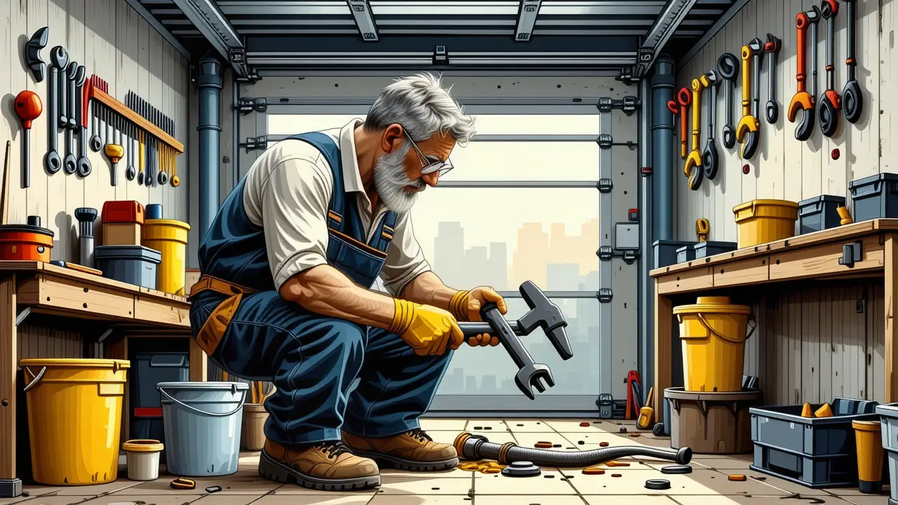 Sosa Caustica: Desatasca PVC con Precaución 2 Un hombre trabaja con urgencia en un drenaje