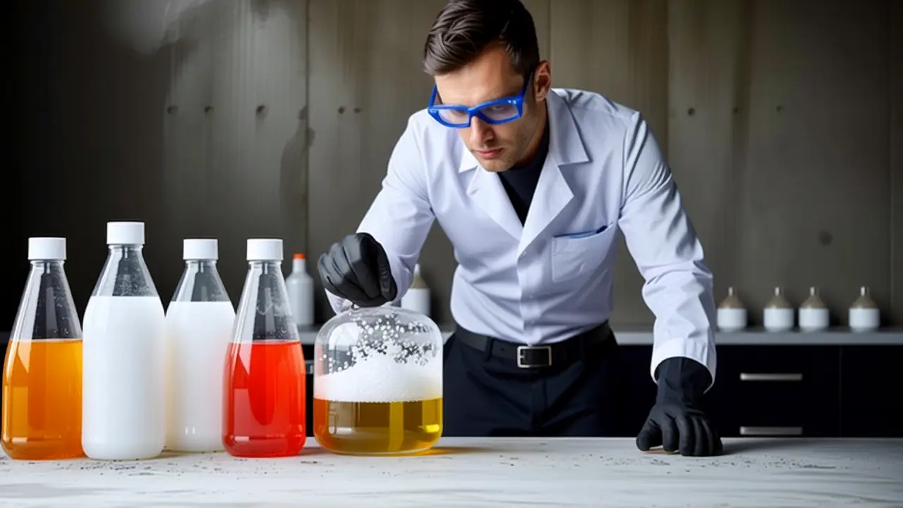 Sosa Caustica: Desatasca PVC con Precaución 3 Un hombre serio estudia química en laboratorio