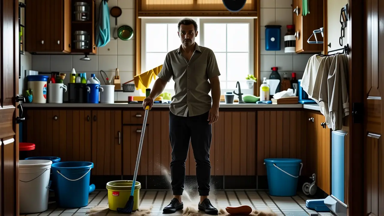 Hogar Sucios: 10 Lugares Frecuentemente Sucios /think 3 Un hombre preocupado limpia en la penumbra