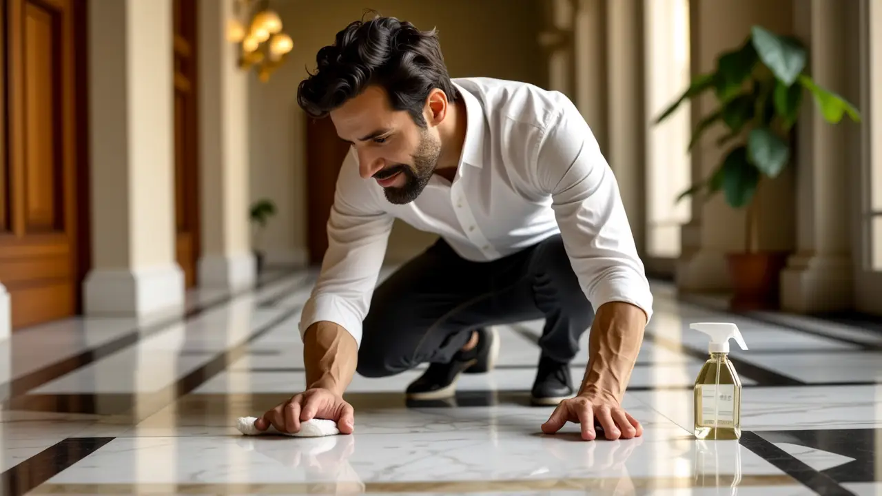 Suelo de mármol limpieza: guía completa y fácil 5 Un hombre examina el mármol en una villa soleada