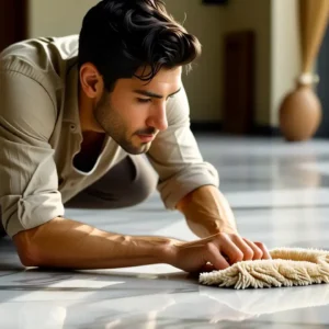 Suelo de mármol limpieza: guía completa y fácil 13 Un hombre contempla el mármol en luz dorada