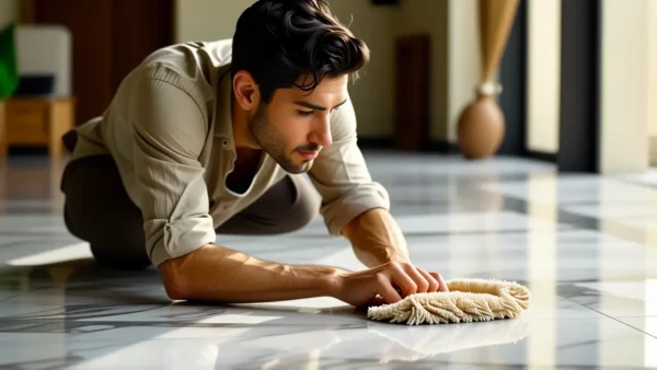 Un hombre contempla el mármol en luz dorada
