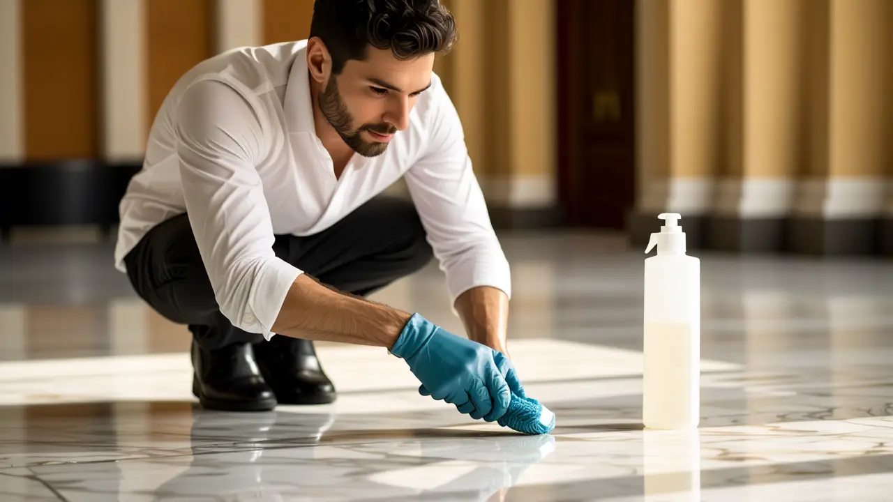 Suelo de mármol limpieza: guía completa y fácil 3 Un hombre elegante limpia mármol con cuidado