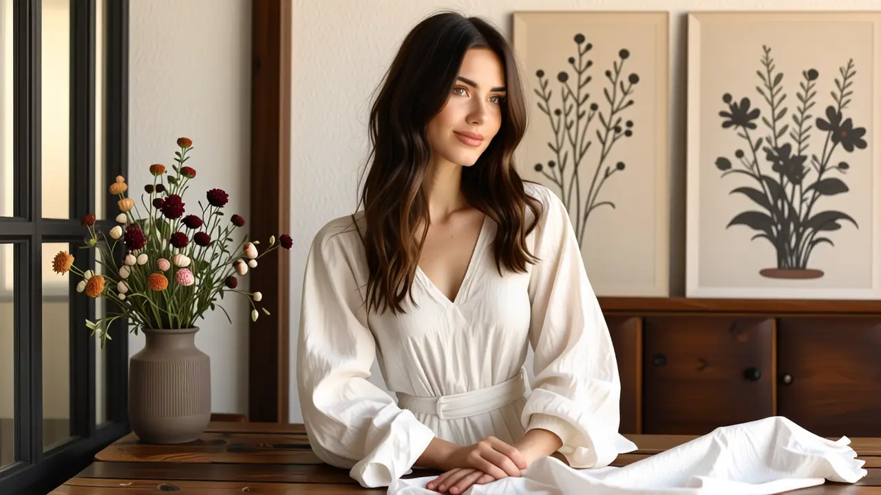 Una mujer tranquila abraza la sostenibilidad textil