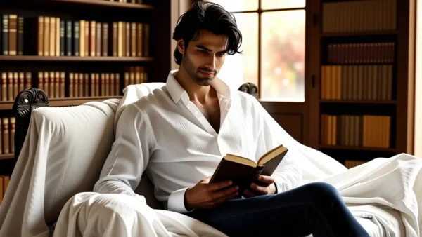 Un hombre elegante lee en una biblioteca cálida