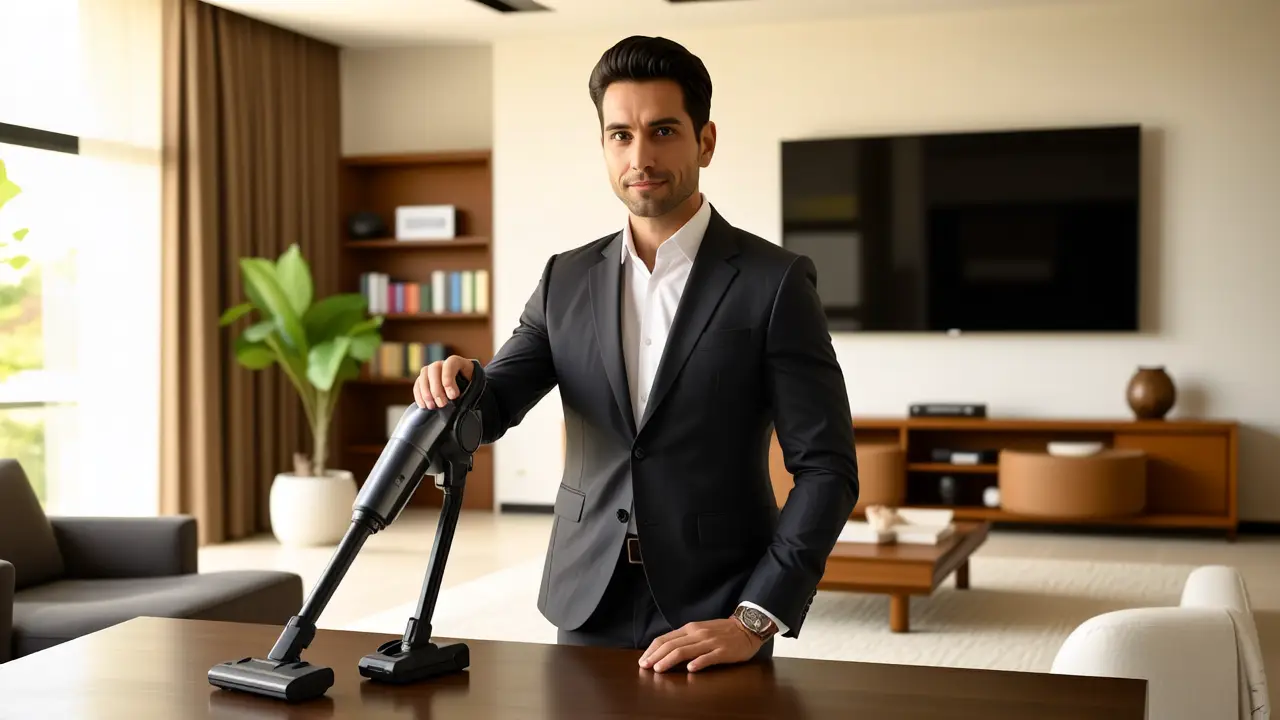 Tipos de Aspiradoras: Guía para Elegir la Ideal 3 Un hombre elegante usa un aspirador moderno