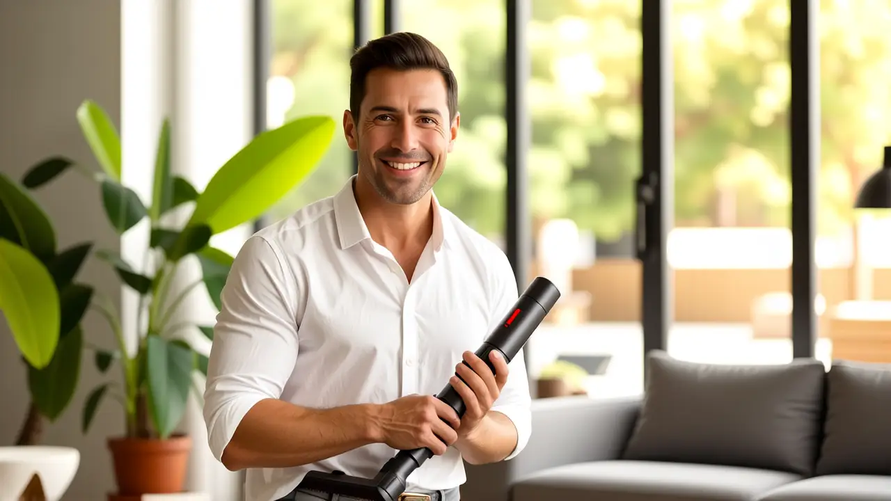 Tipos de Aspiradoras: Guía para Elegir la Ideal 4 Un hombre atractivo limpia con elegancia