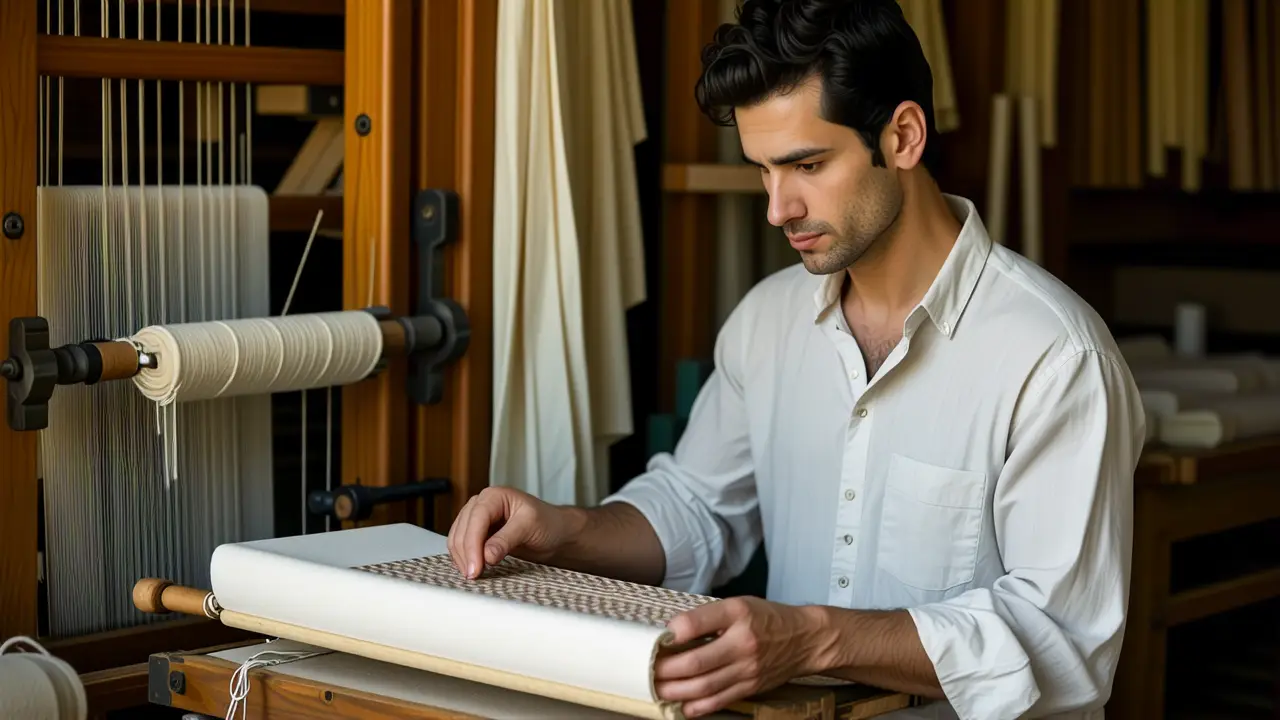 Textiles Materiales: Tipos de Tela y Tejidos 3 Un hombre contemplando textiles con luz cálida