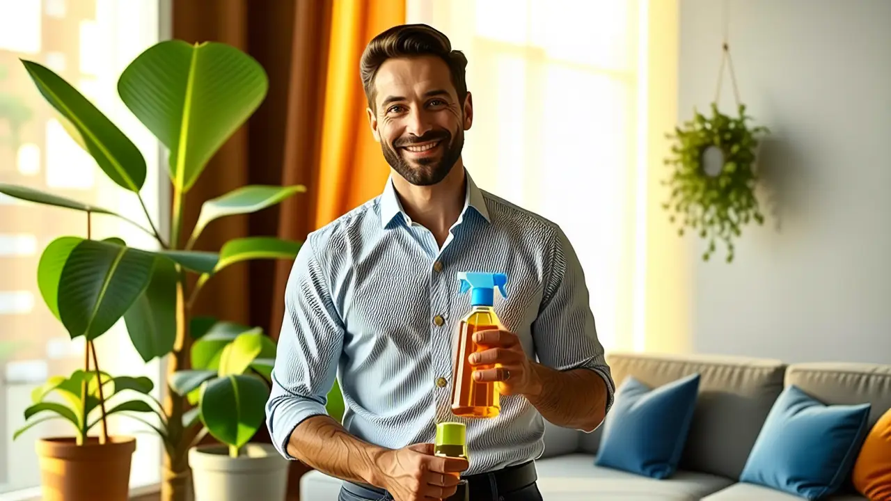 Un hombre casual sostiene un producto limpio