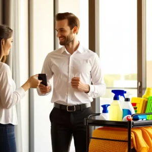 Un hombre ofrece ayuda con limpieza moderna