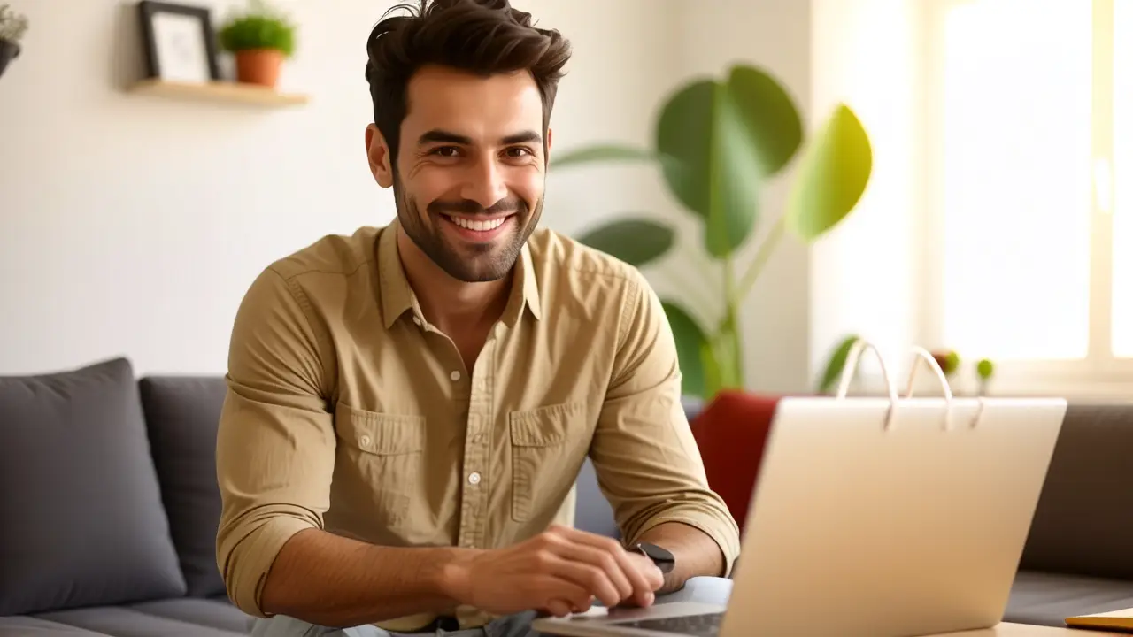 Un hombre amable usa la tecnología en casa