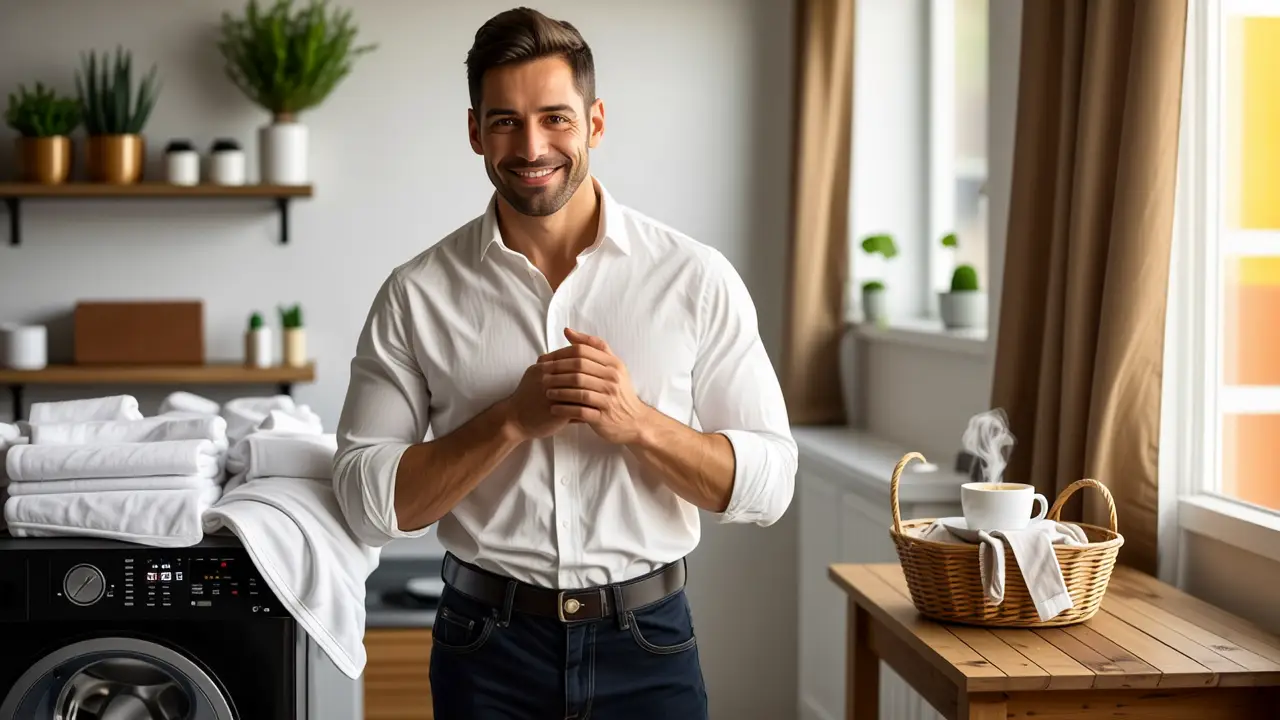Un hombre amable ofrece una camisa limpia
