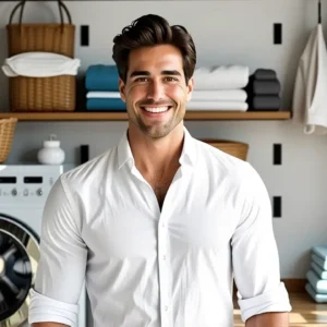 Un hombre joven y atractivo luce feliz en la lavandería
